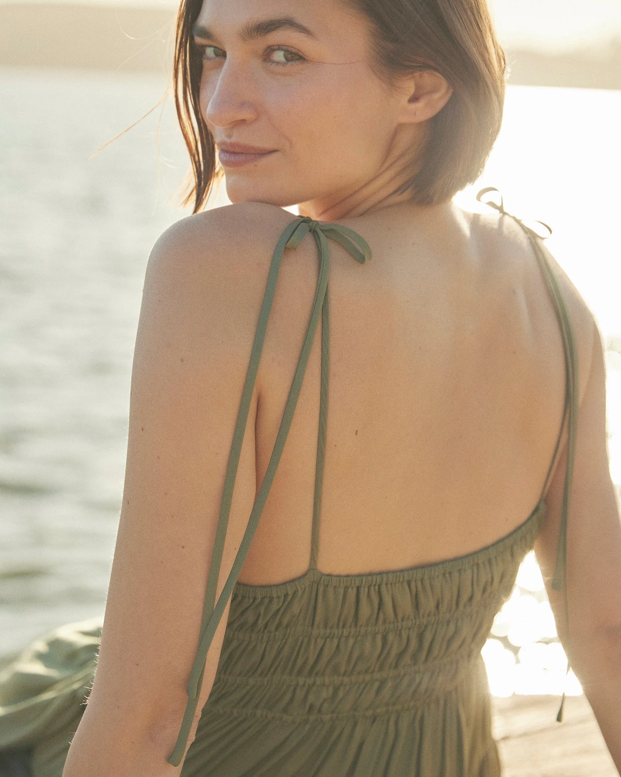 Aisling Tie-Shoulder Sweetheart-Neck Dress