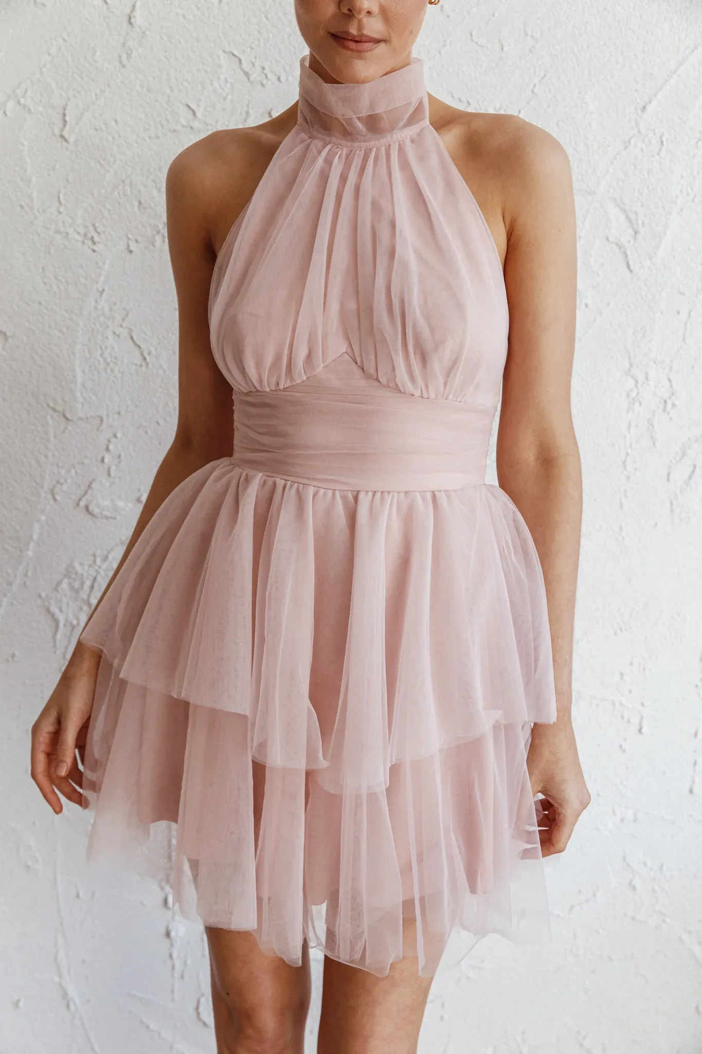 Andria Halterneck Tulle Mini Dress Blush