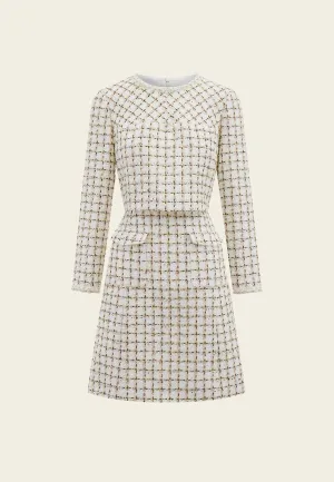 Beige Checked Fake Two Piece Tweed Dress
