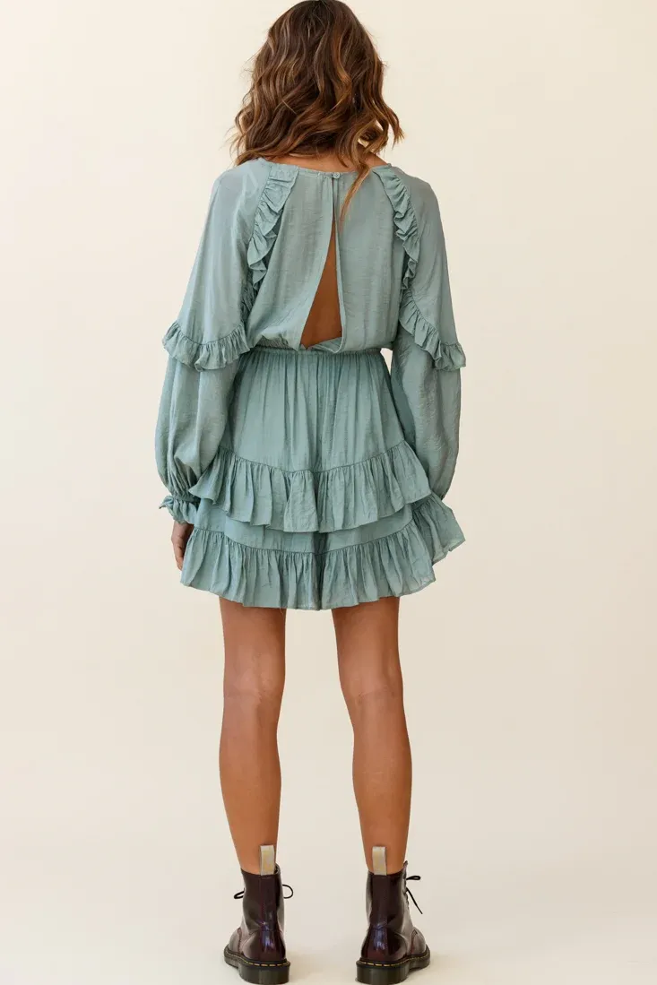 Best Wishes Long Sleeve Frill Detail Dress Olive