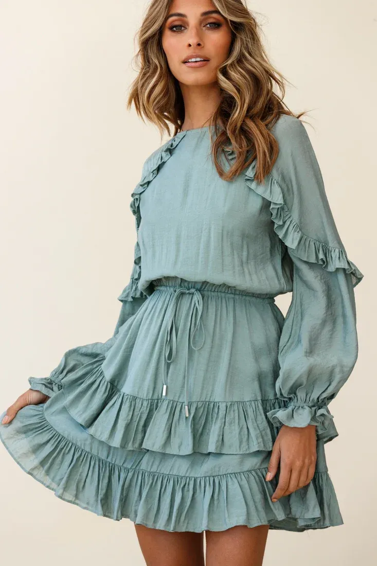 Best Wishes Long Sleeve Frill Detail Dress Olive
