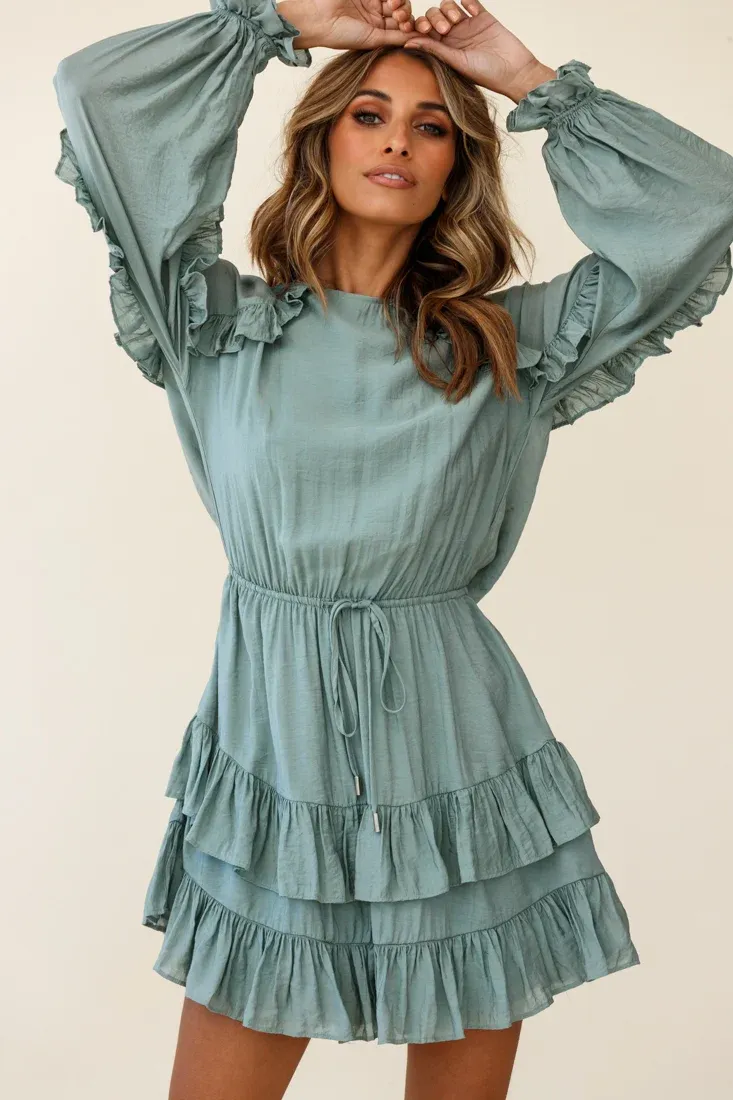 Best Wishes Long Sleeve Frill Detail Dress Olive