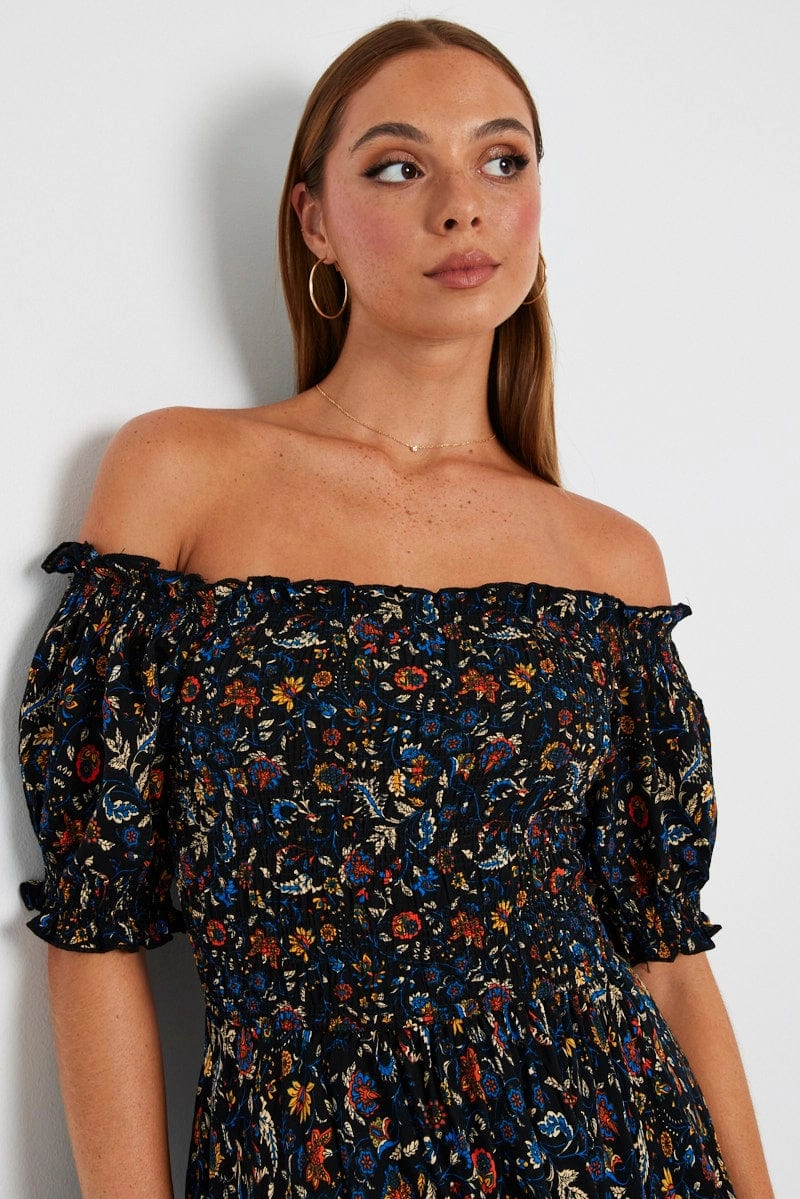 Black Boho Maxi Dress Short Sleeve Tiered