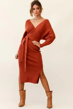 Cameo Batwing Knit Midi Dress Camel