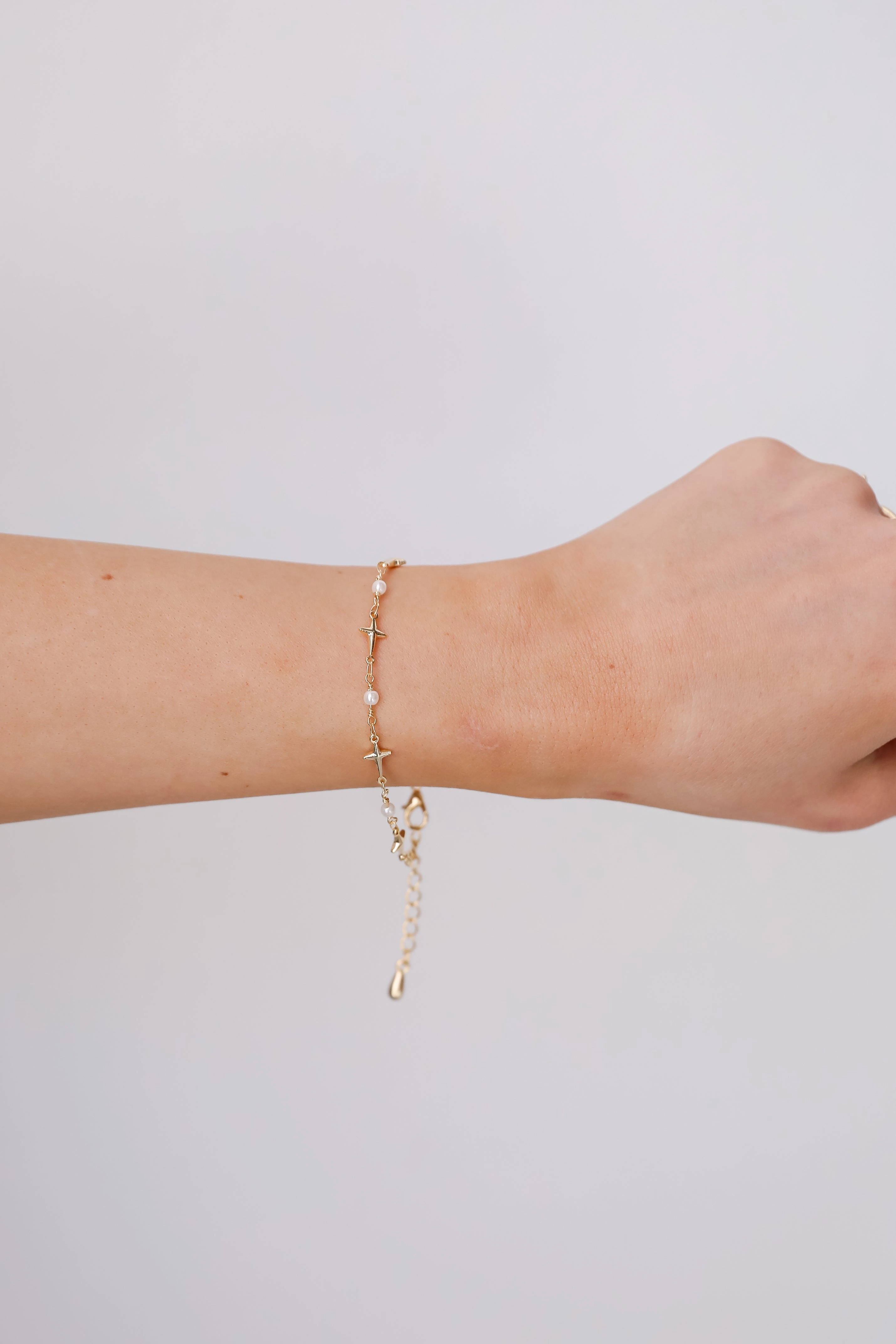 Charlotte Gold Cross   Pearl Chain Bracelet