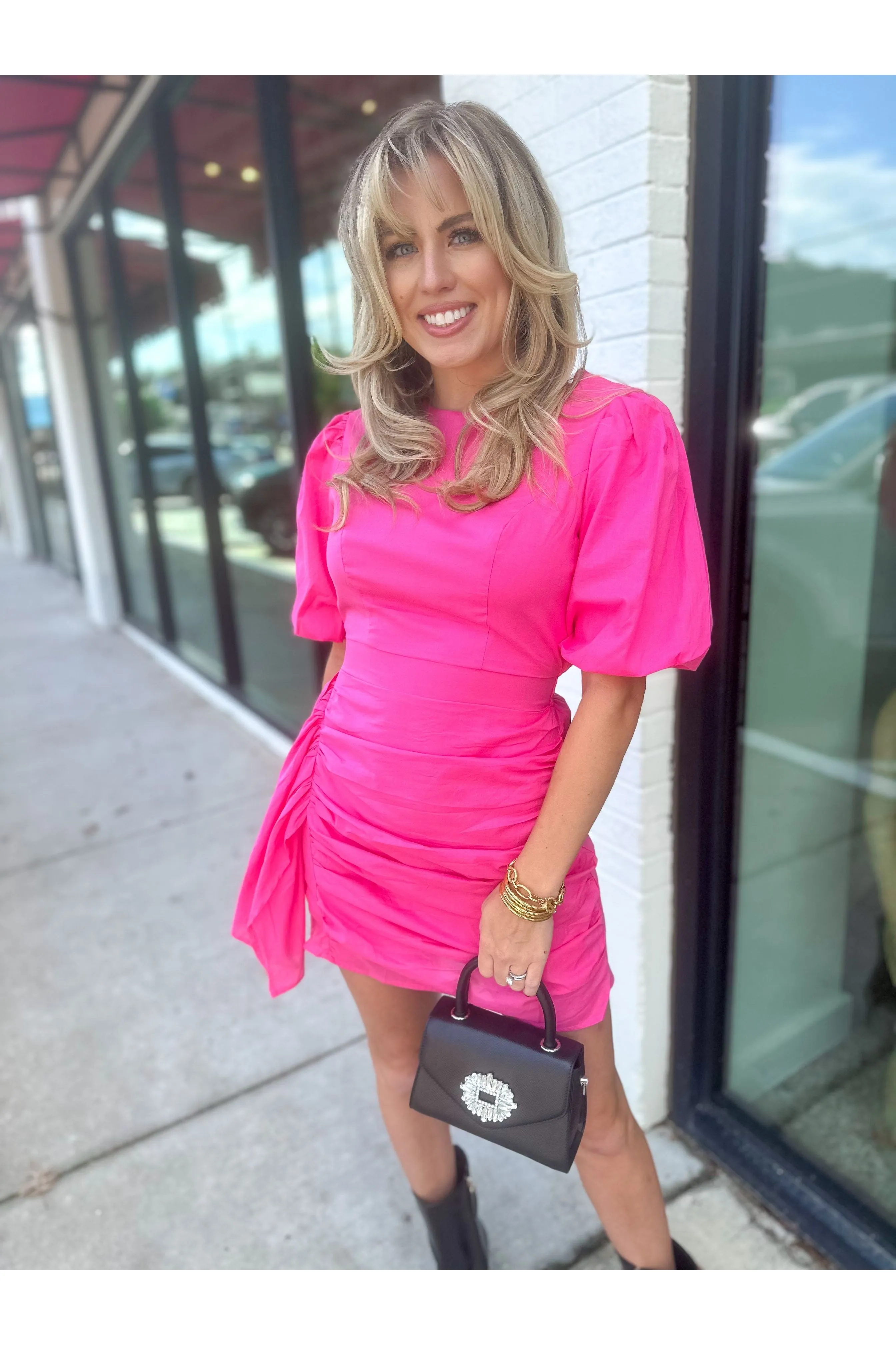 Charm Ruched Puff Sleeve Dress
