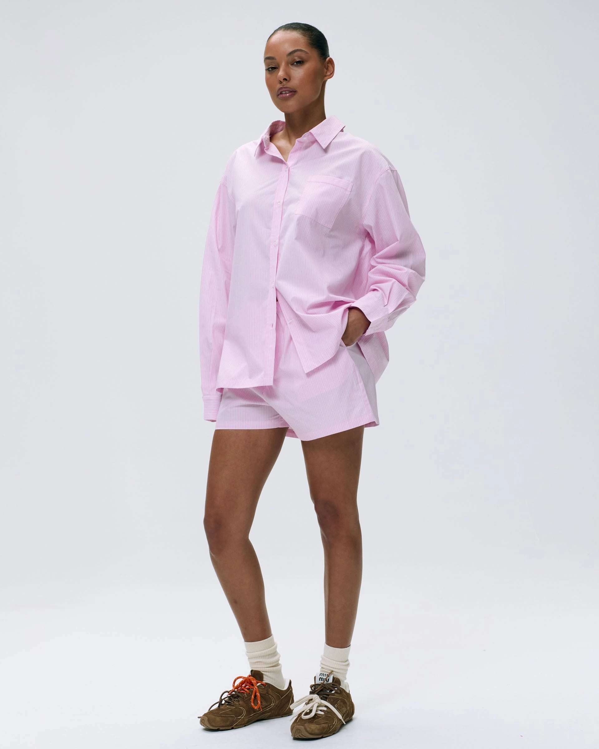 Cotton Stripe Oversized Shirt - Pink/White