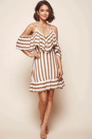 Fawn Cold Shoulder Striped Dress Beige