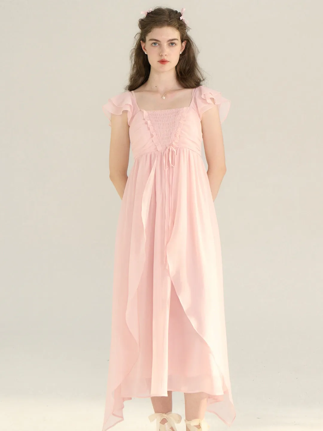 【Final Sale】Ariah Romantic Square Neck Ruffle Sleeves Pink Dress