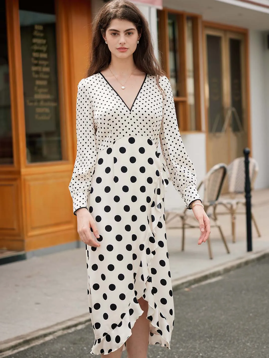 【Final Sale】Joyce Romantic V Neck Polka Dot Stitching Lantern Sleeve Dress