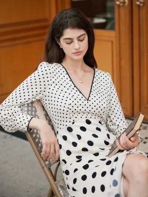 【Final Sale】Joyce Romantic V Neck Polka Dot Stitching Lantern Sleeve Dress