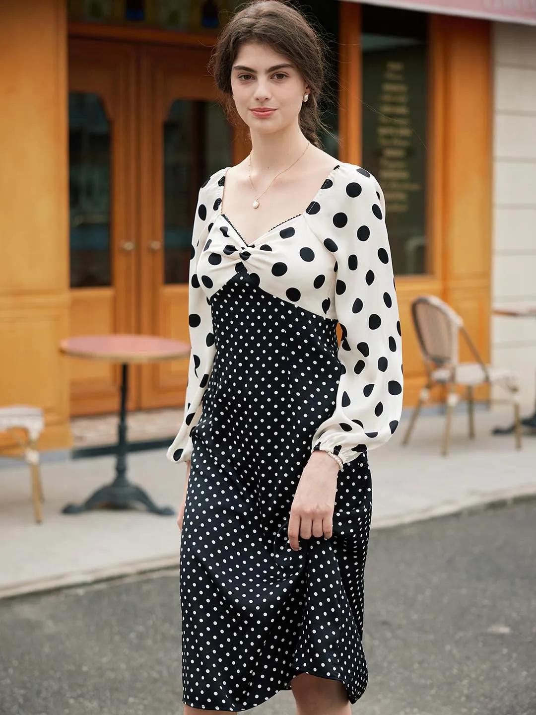 【Final Sale】Saanvi Elegant Square Neck Polka Dot Stitching Balloon Sleeve Dress