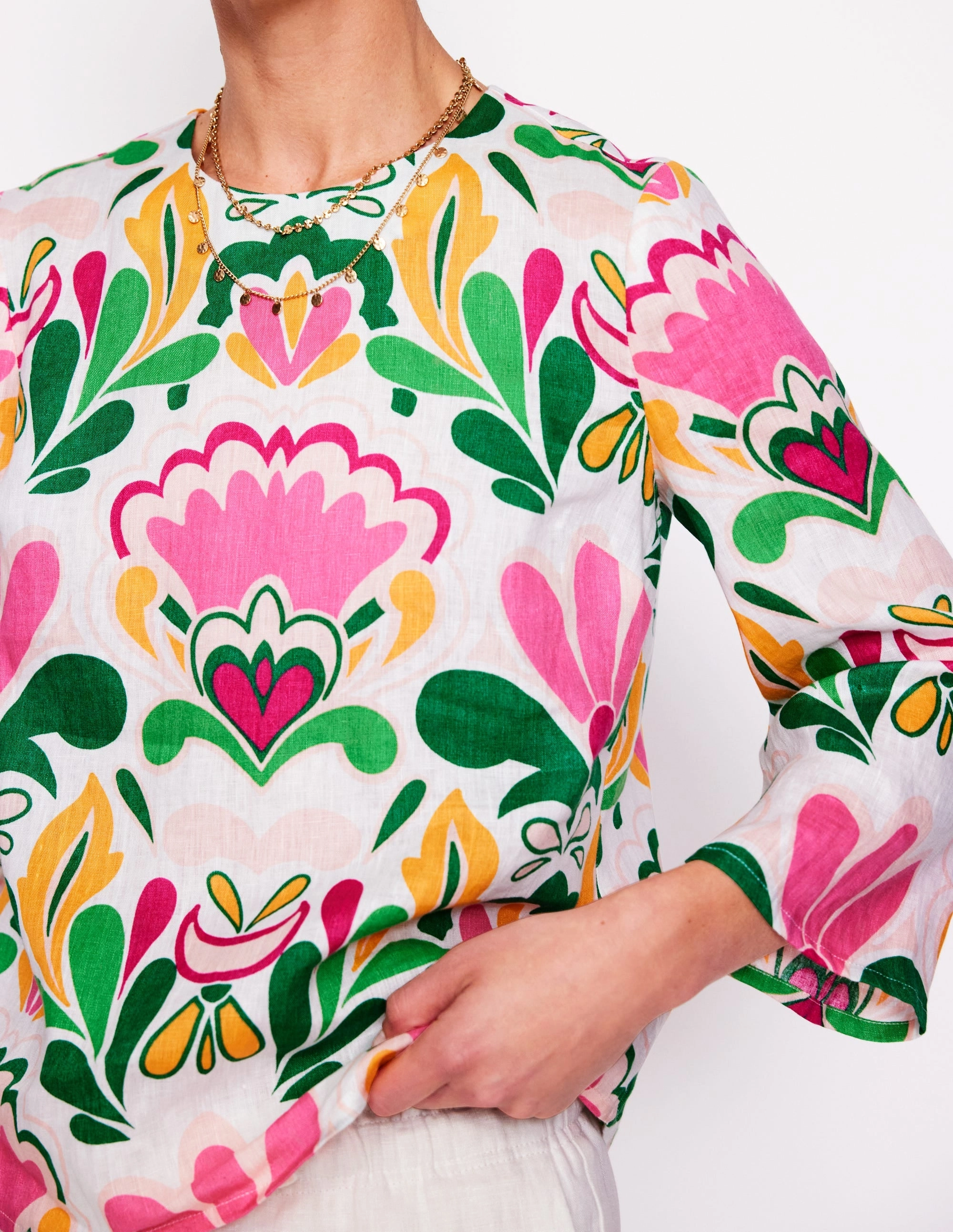 Fluted Sleeve Linen Top-Multi. Freesia Stamp