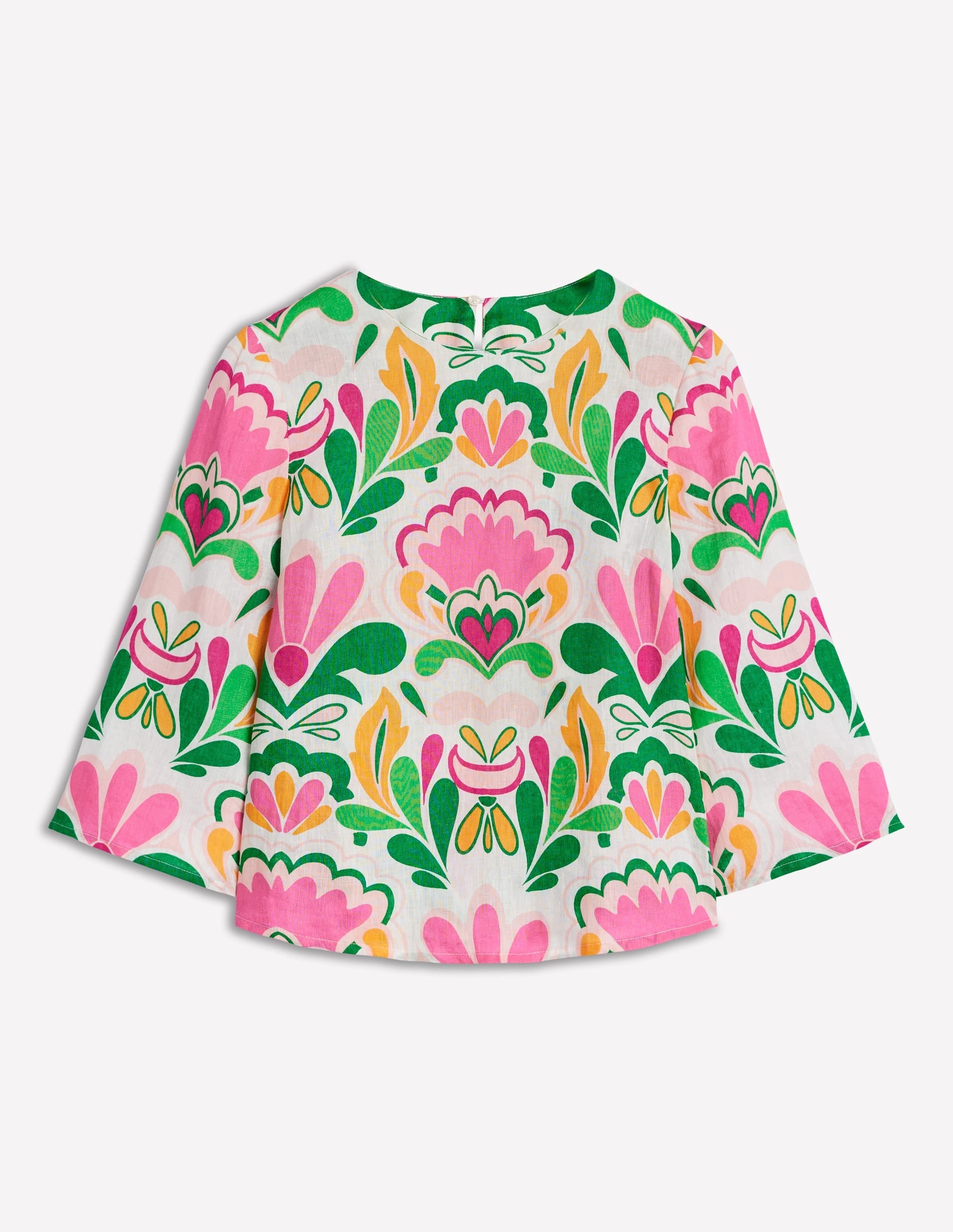 Fluted Sleeve Linen Top-Multi. Freesia Stamp