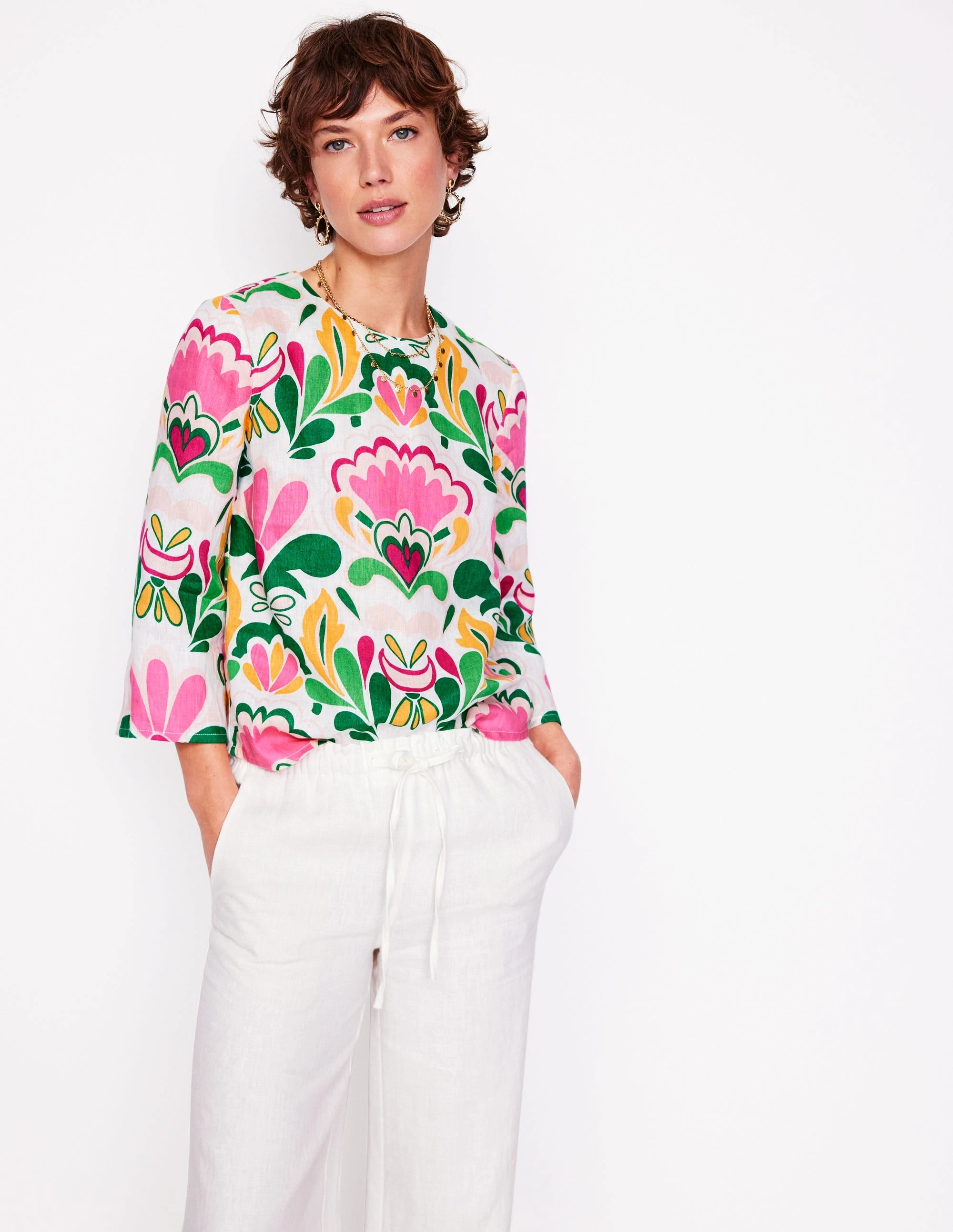 Fluted Sleeve Linen Top-Multi. Freesia Stamp