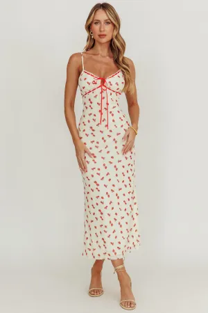 Heart Ablaze Strawberry Cherry Print Midi Dress Cream