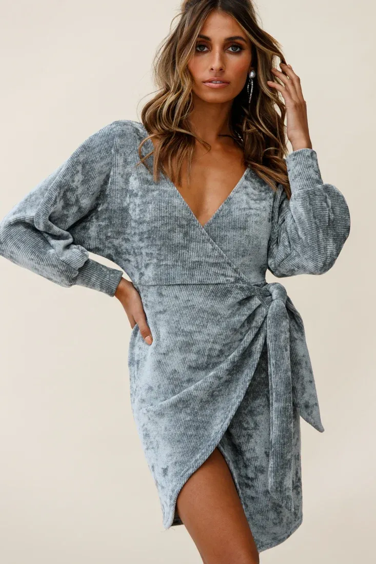 Isolde Ribbed Velour Wrap Dress Grey
