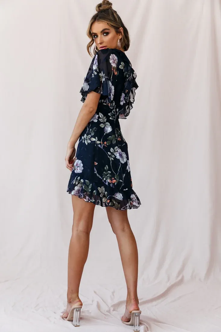 June Angel Sleeve Ruffle Detail Dress Navy