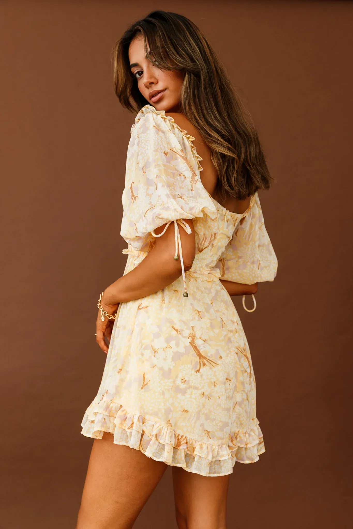 Kirra Puff Sleeve Ruched Bodice Dress Botanic Print Yellow