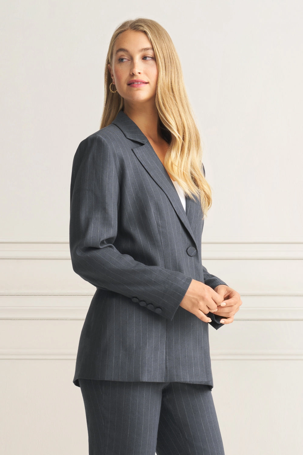 Long Line Linen Jacket - Charcoal Pinstripe