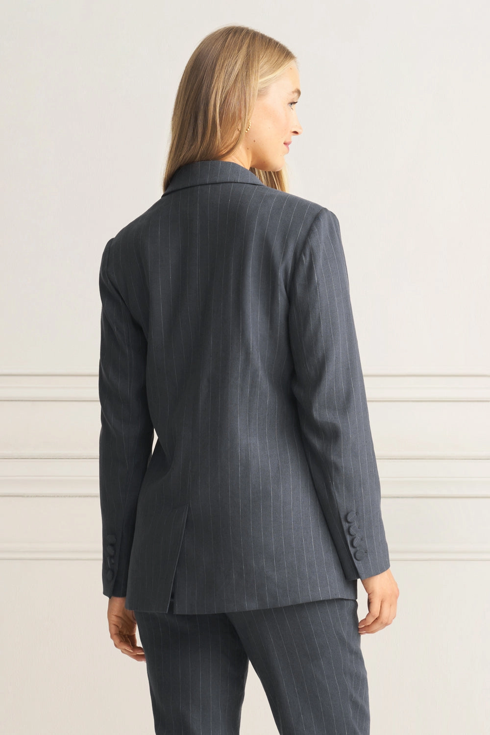 Long Line Linen Jacket - Charcoal Pinstripe