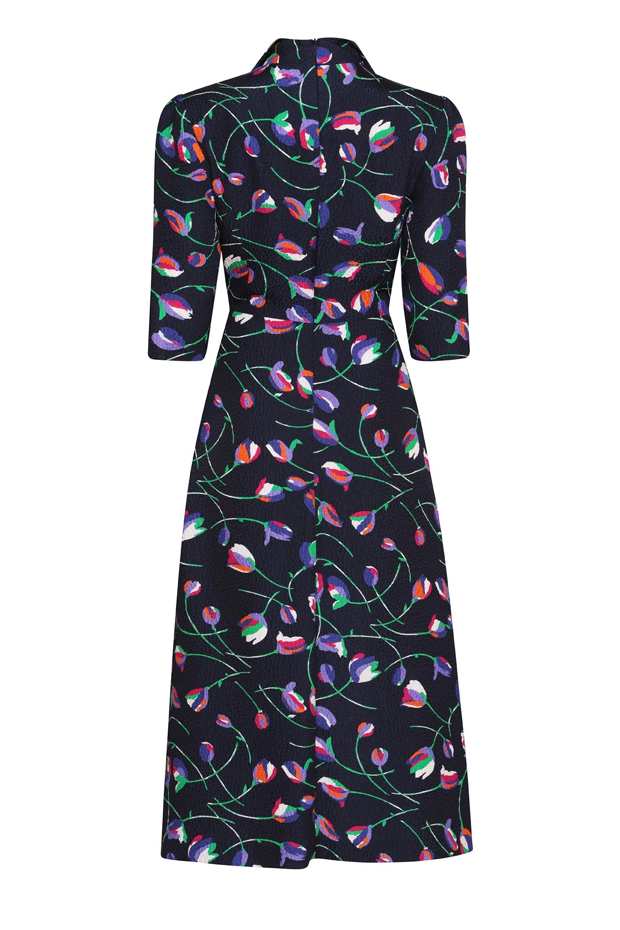 Midi Length A-Line. 3/4 Sleeve Dress in Navy Cloqué Silk with Bright Tulip Print - Naomi