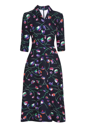 Midi Length A-Line. 3/4 Sleeve Dress in Navy Cloqué Silk with Bright Tulip Print - Naomi