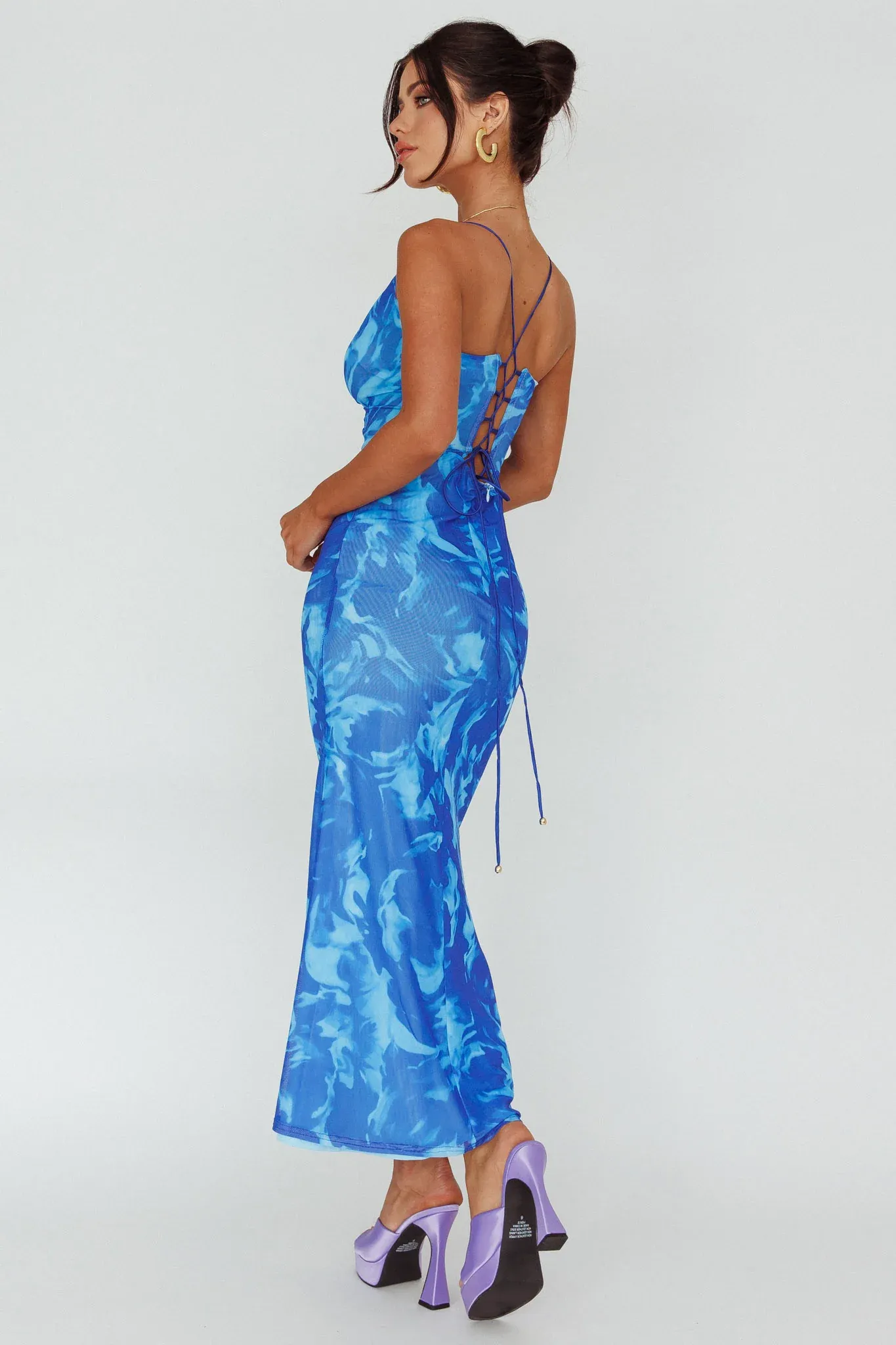 Nouveau U-Neckline Midi Dress Marbled Blue