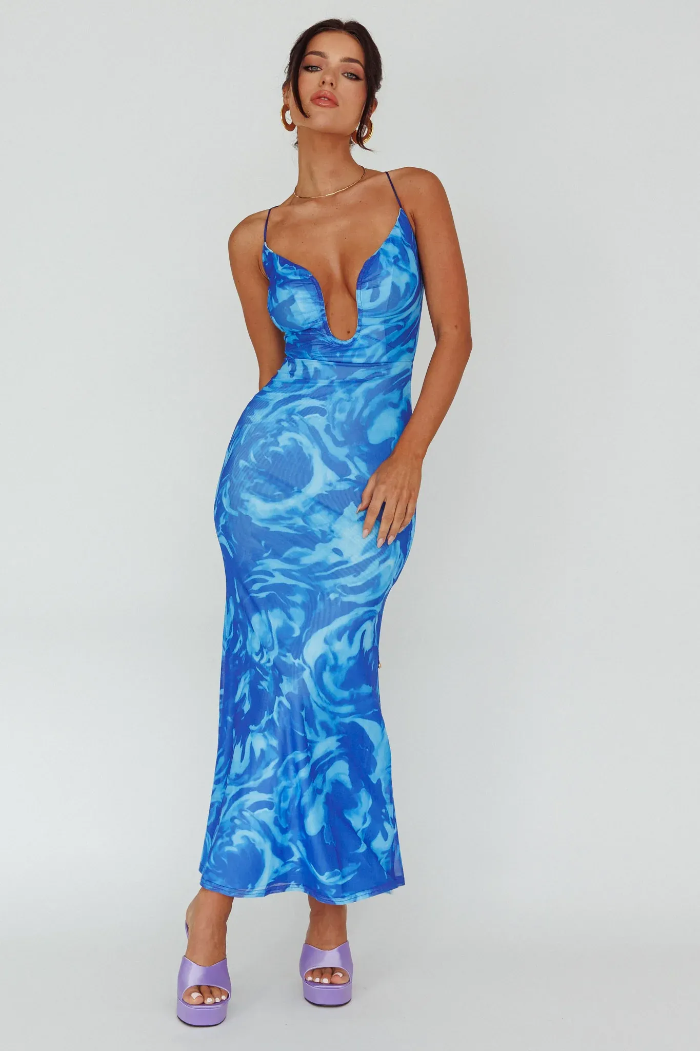 Nouveau U-Neckline Midi Dress Marbled Blue