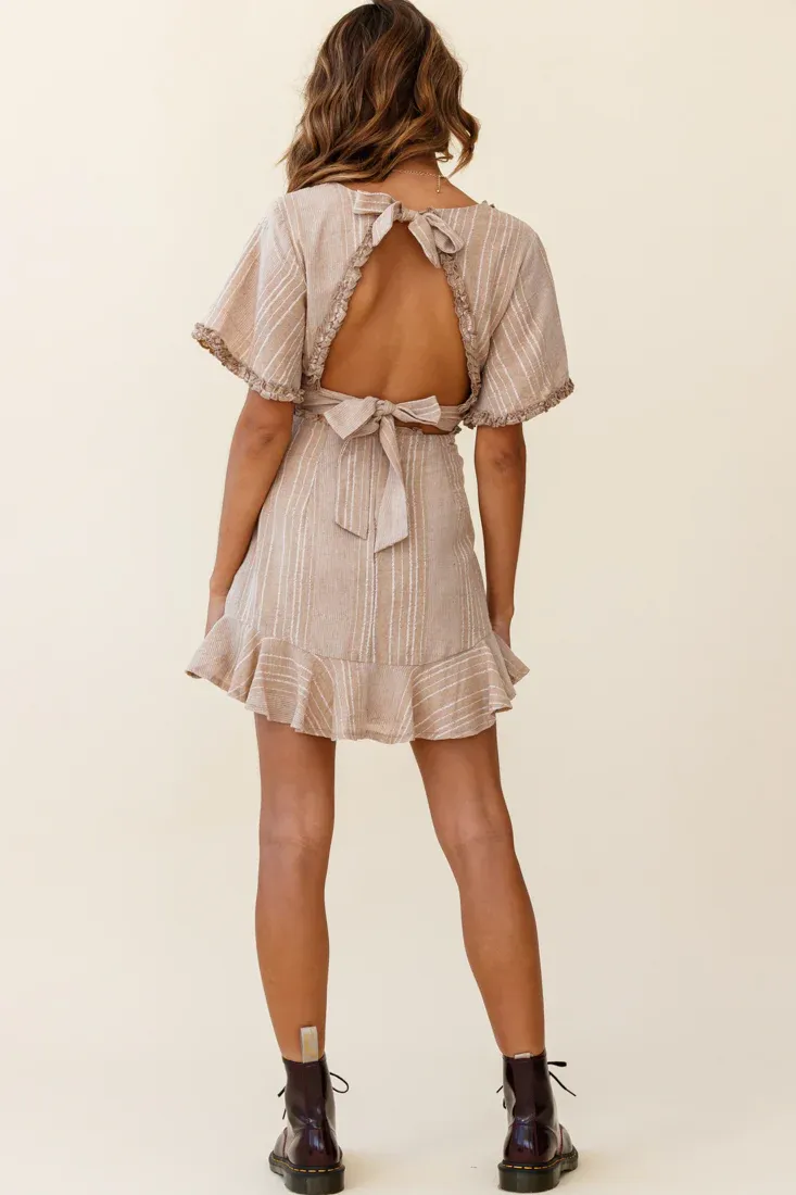Ochre Open Back Bow Detail Dress Stripe Pattern Mocha/White