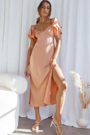 Park Avenue Flutter Sleeve Side Split Midi Dress Apricot
