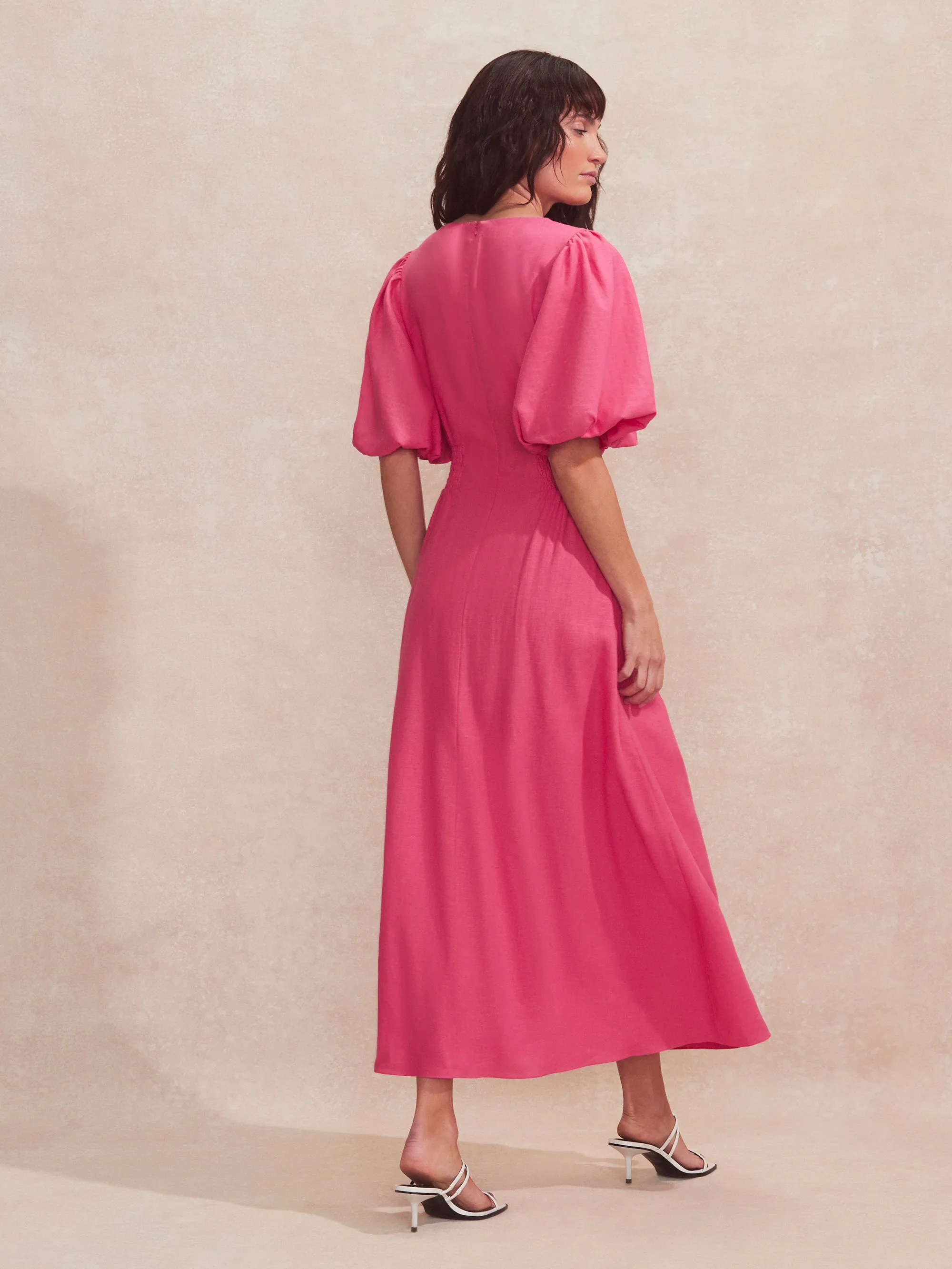 Pink Pleat Detail Linen Blend Dress