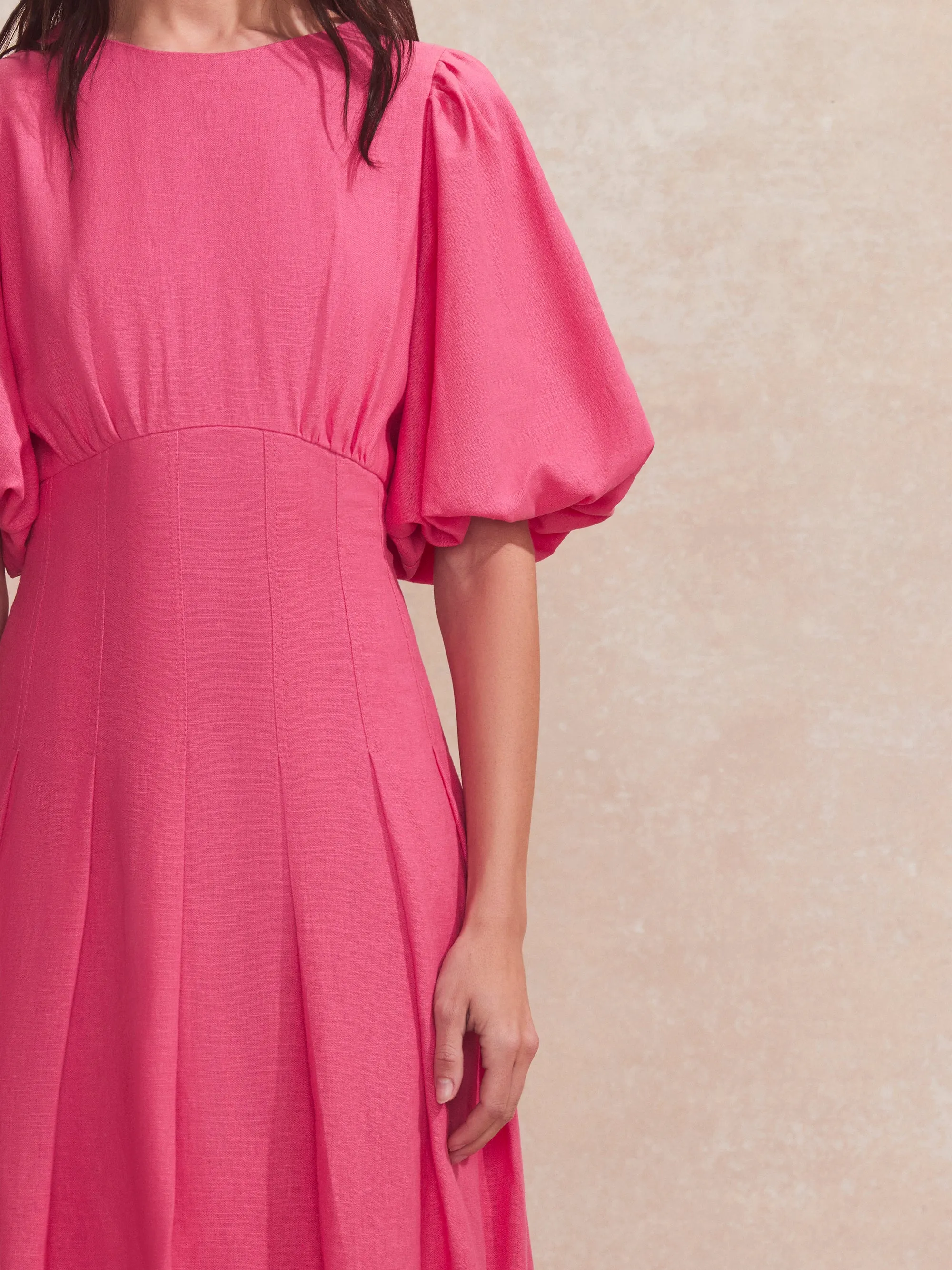 Pink Pleat Detail Linen Blend Dress