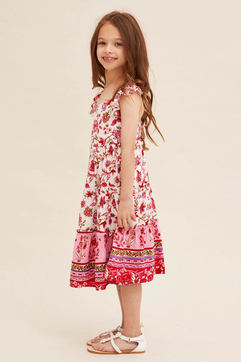 Pink Boho Kids Midi Dress Tiered