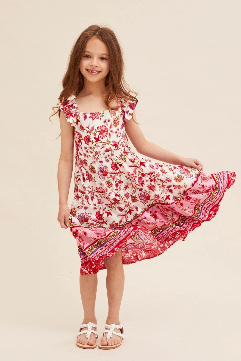 Pink Boho Kids Midi Dress Tiered