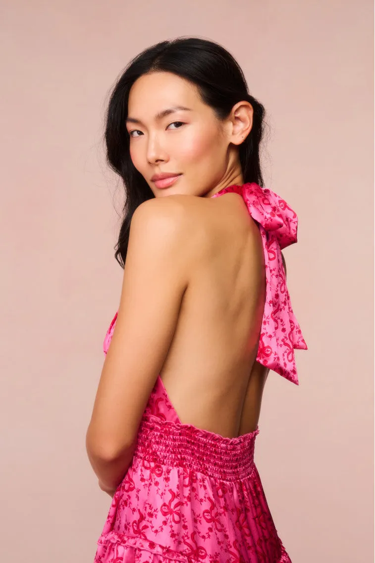 Quintelle Silk Bow-Printed Halter Mini Dress