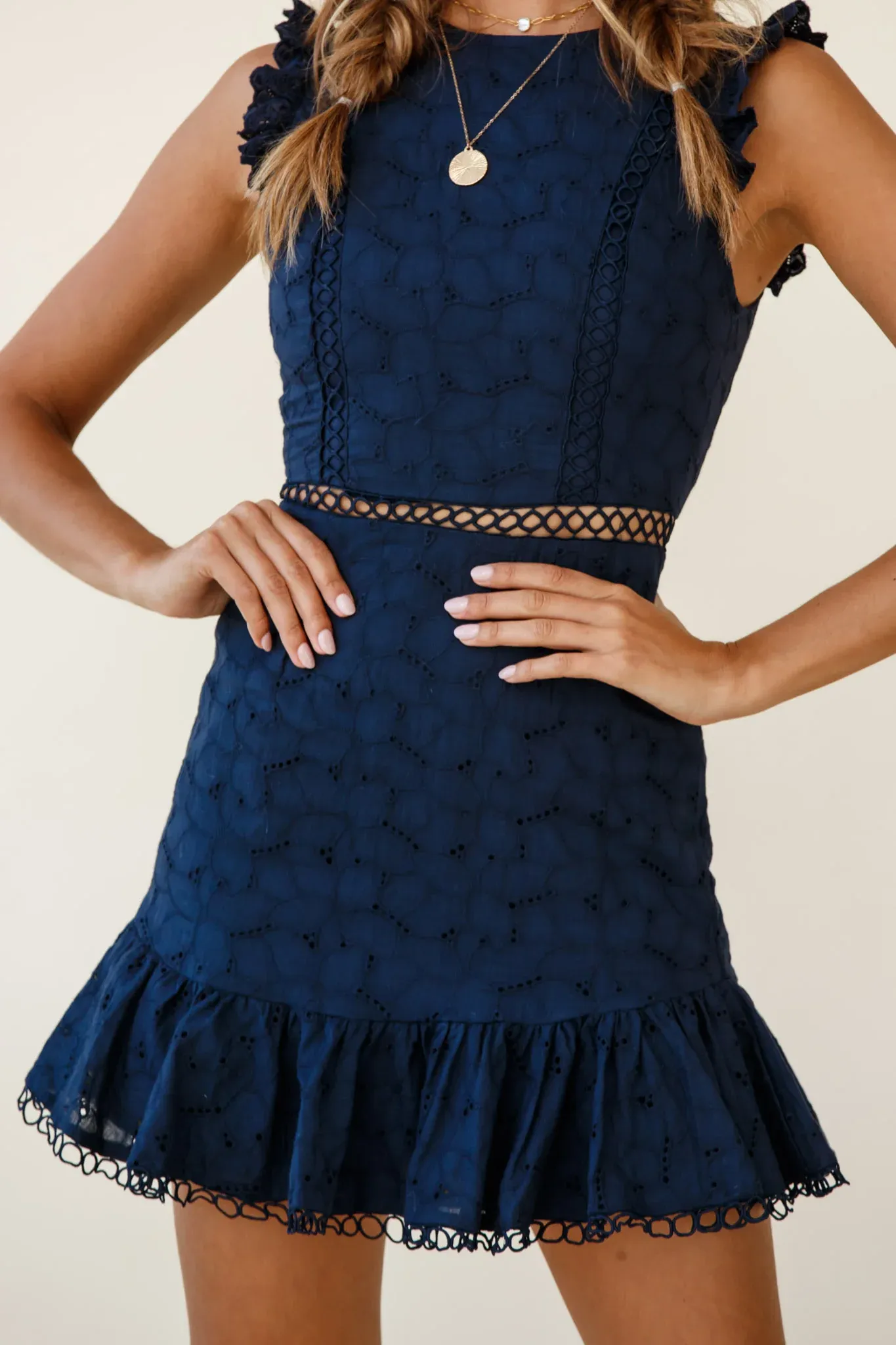Reaching For Stars Corset Back Broderie Anglaise Dress Navy