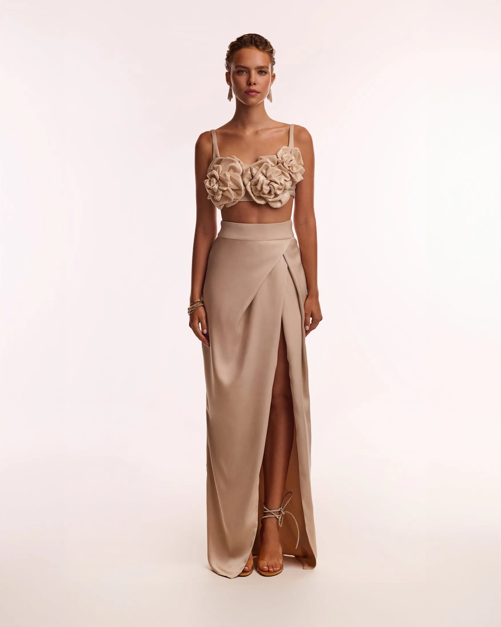 Refined high-waisted maxi satin skirt with a slit, Midnight Walk