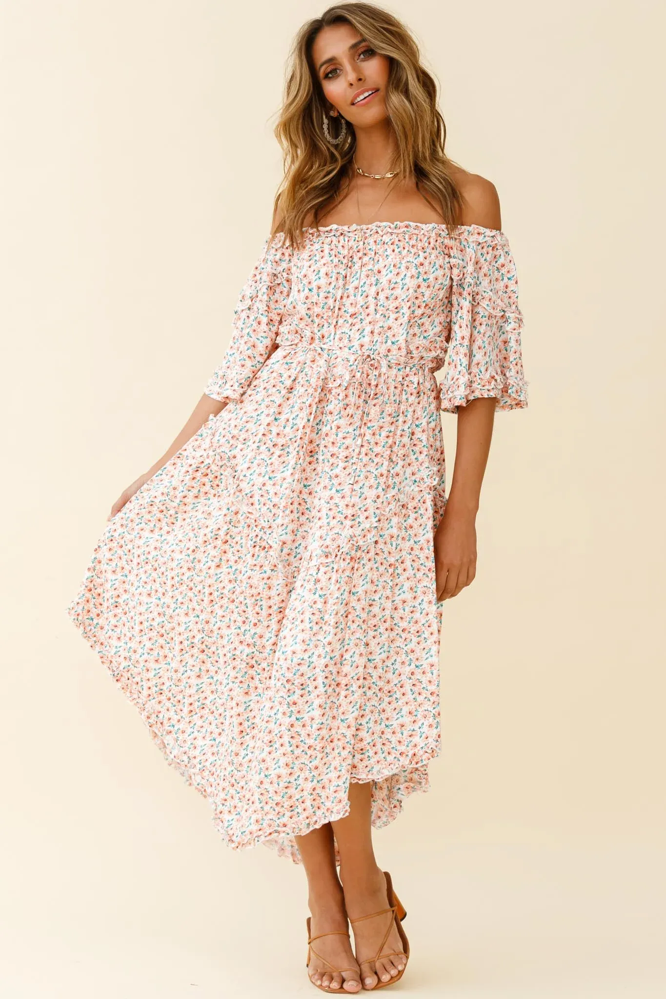 Renoir Off-Shoulder Frill Trim Dress Floral Print Pink