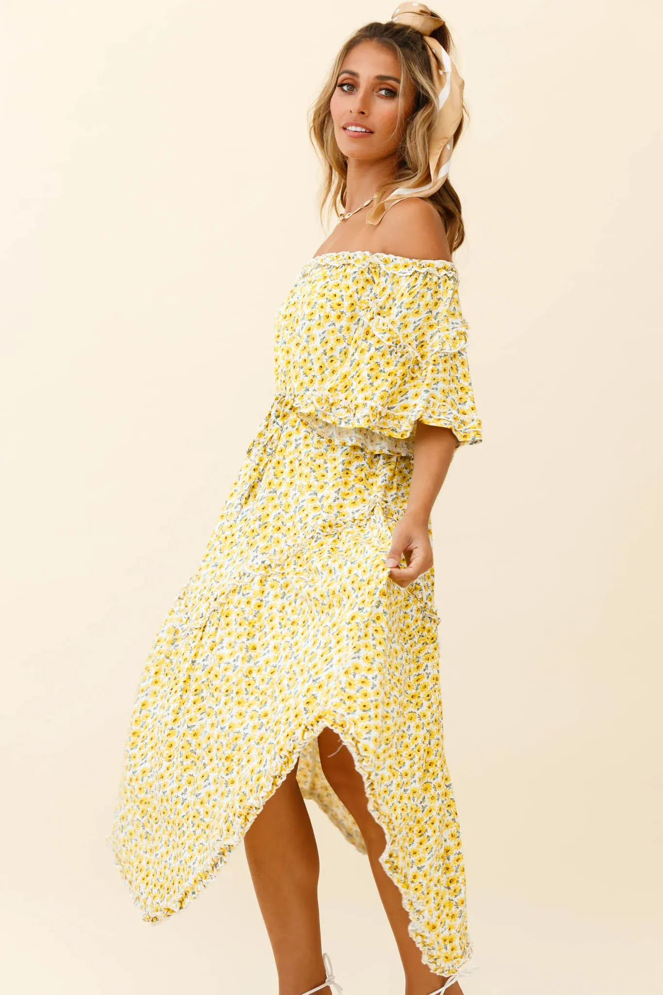 Renoir Off-Shoulder Frill Trim Dress Floral Print Yellow