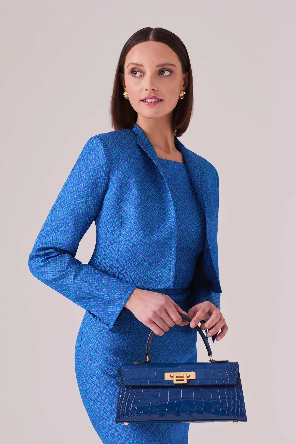 Royal Blue and Bright Green Printed Silk/Wool Shift Dress with Boat Neck and Short Sleeves - Angie