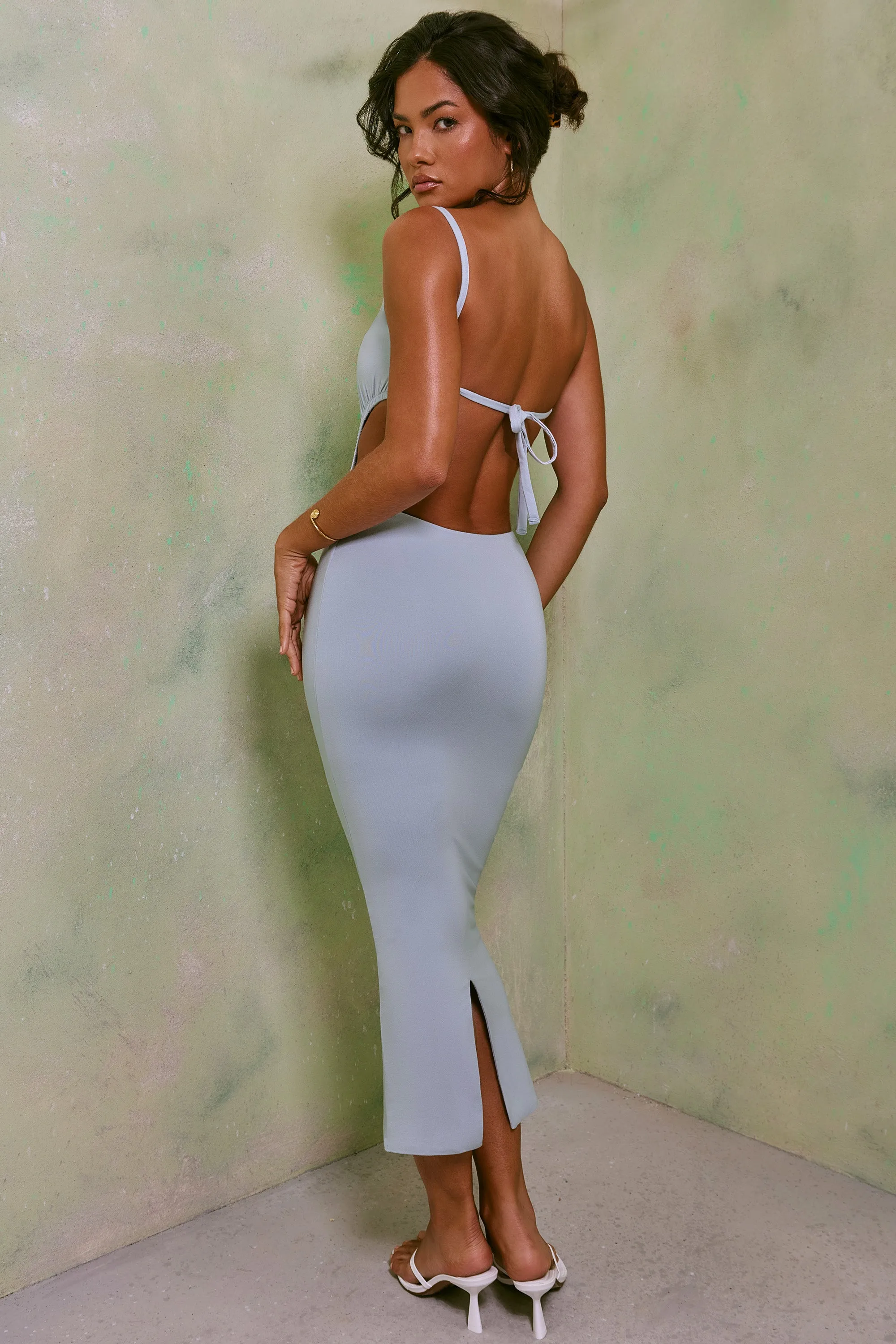 Ruched Cut Out Midi Dress in Sky Grey