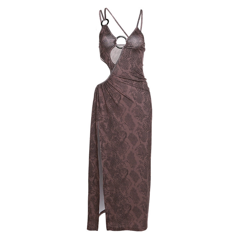 Sexy Brown Irregular Hollow Out Ruched Maxi Dress