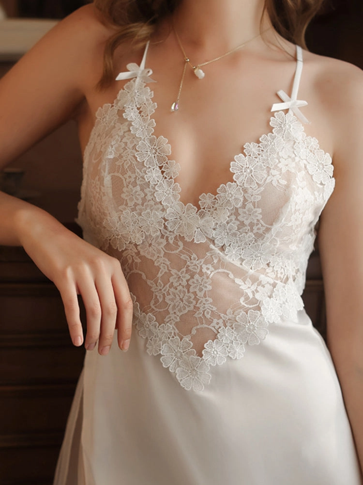 Sexy Lace V-Neck Slip Silk Chemise Backless Sleep Dress