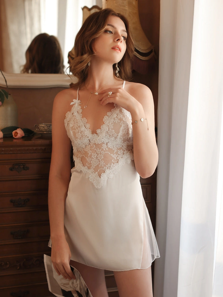Sexy Lace V-Neck Slip Silk Chemise Backless Sleep Dress