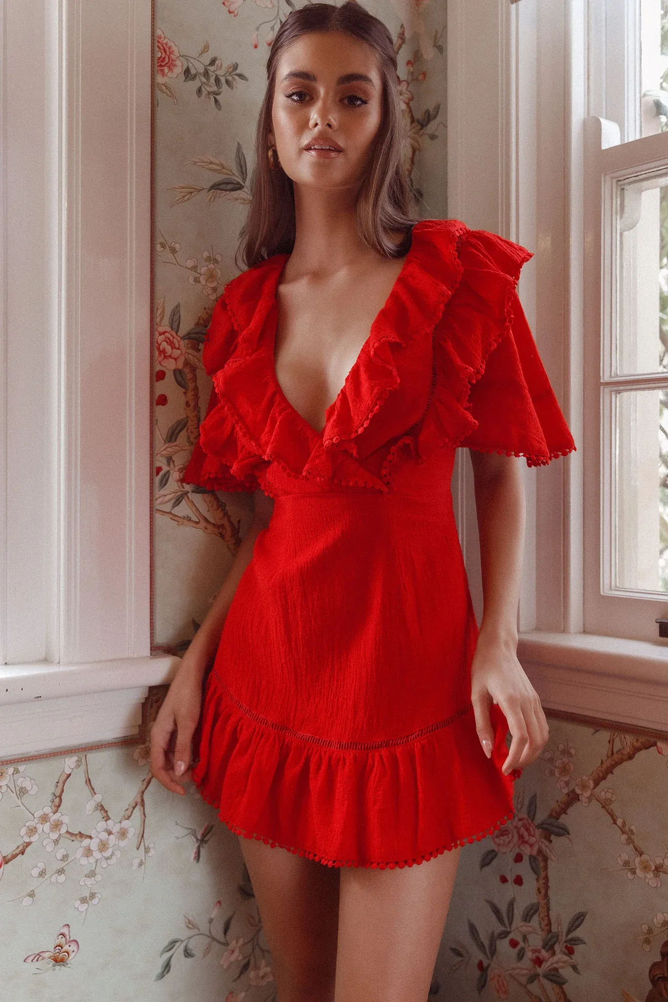 Shay Ruffle Lace Trim Mini Dress Red