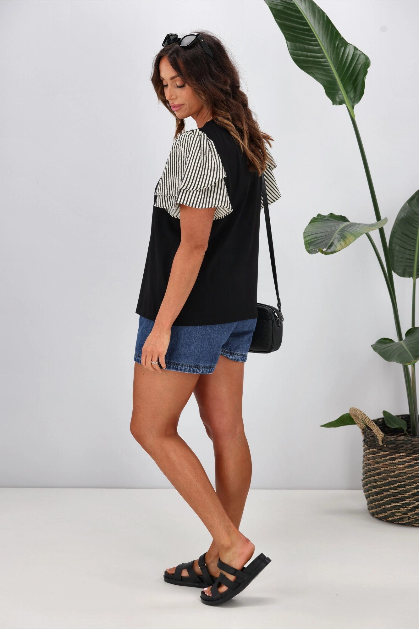 Shine On Label Tilda Stripe Sleeve Top Black