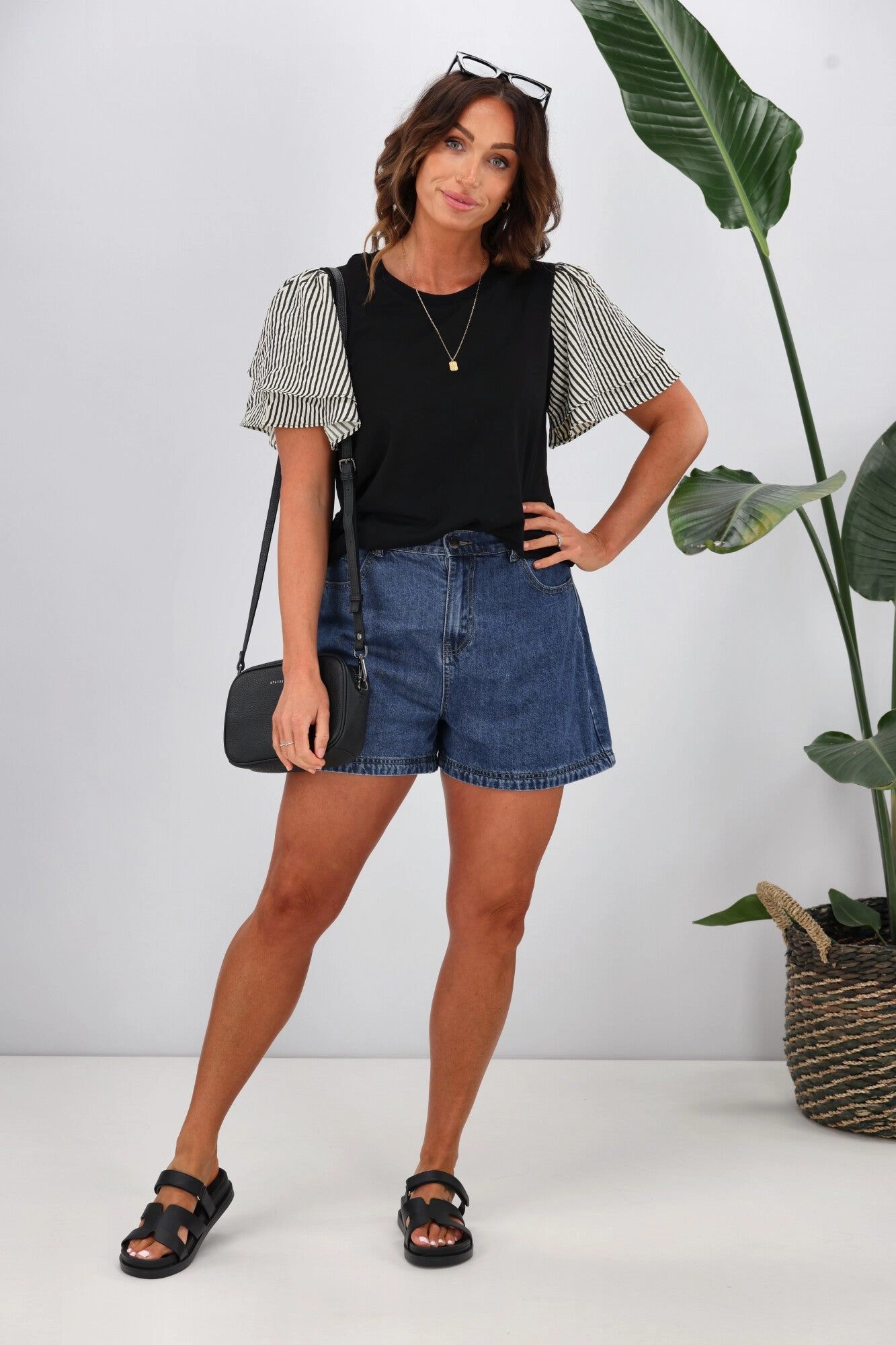 Shine On Label Tilda Stripe Sleeve Top Black