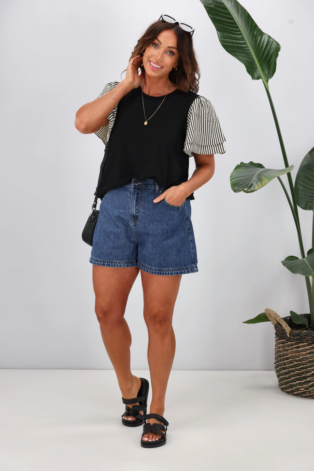 Shine On Label Tilda Stripe Sleeve Top Black