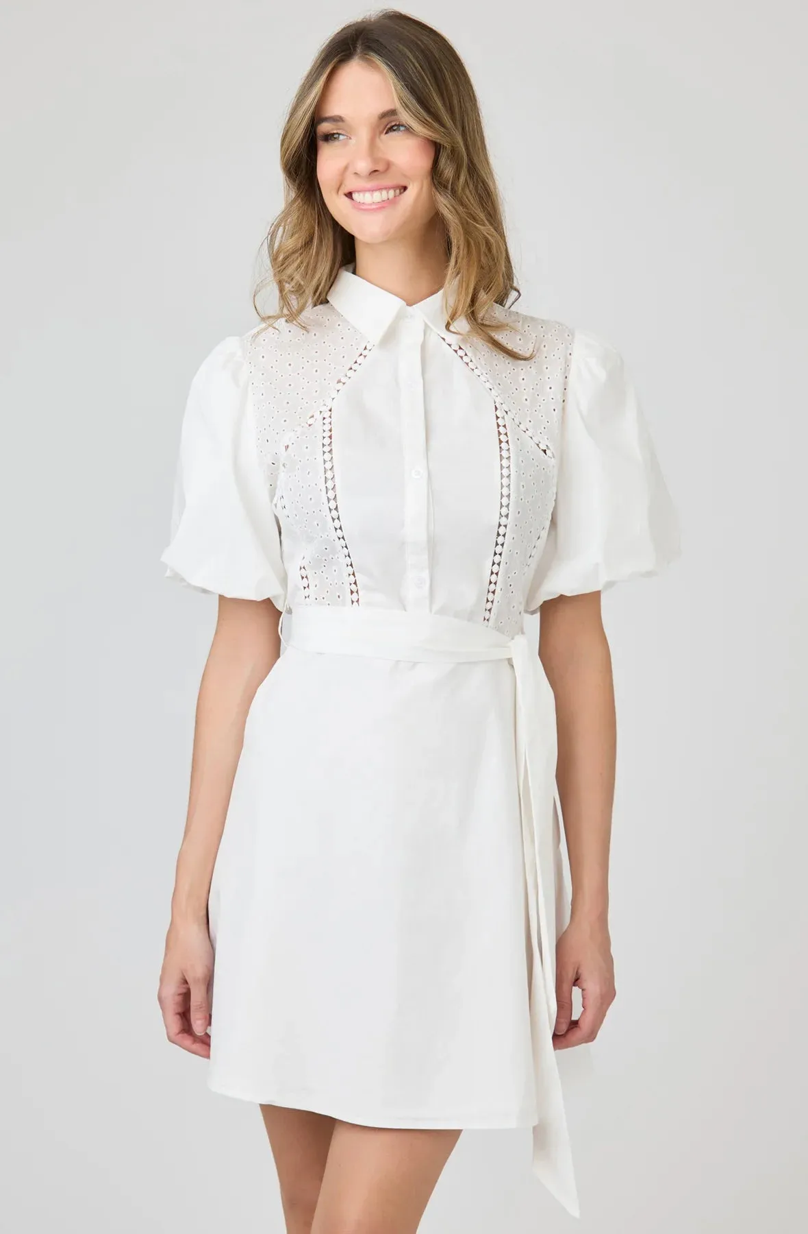 Shirt Dress Eyelet Detail Puff Sleeve